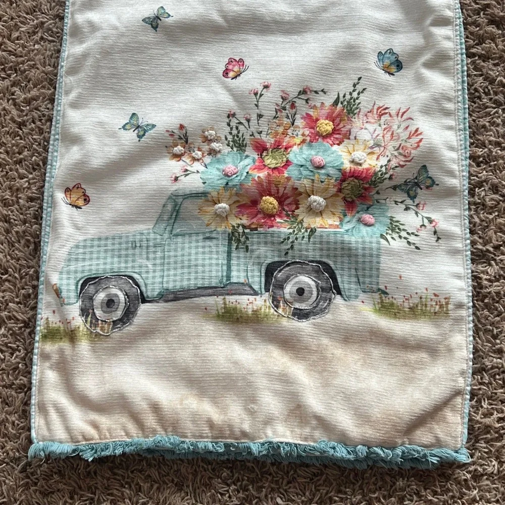 Vintage Style Floral Truck Table Runner Teal Gingham Butterfly Spring Decor 70